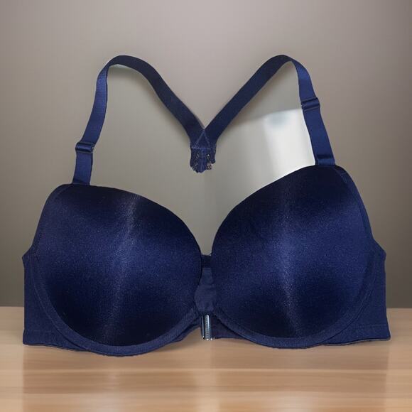 Cacique Front-Close Smooth Boost Plunge Bra 38C Satin Navy Razor Lace Back - Picture 1 of 6